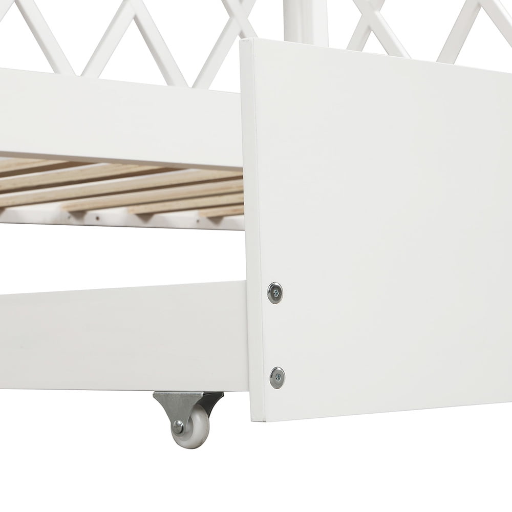 Wood Daybed with Trundle, Twin Size Day Bed Sofa Bed, White