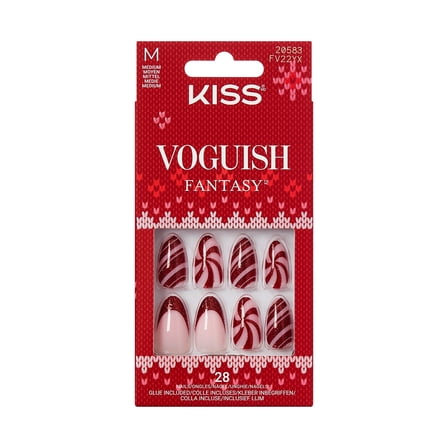 KISS Voguish Fantasy Holiday Press On Nails Almond, ‘One More Kiss’, Red, Medium, 28 Count