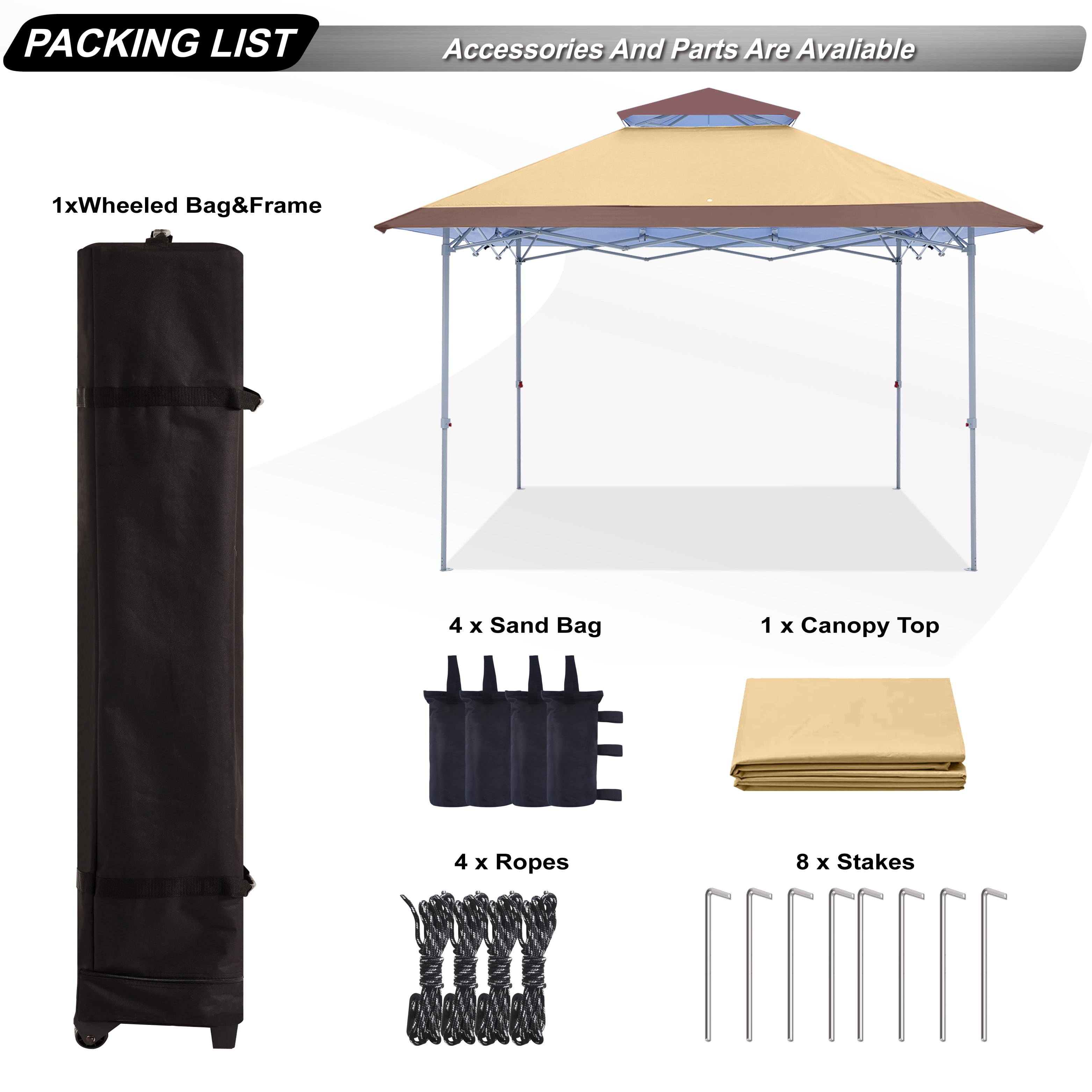 ABCCANOPY 13 ft x13 ft Outdoor Gazebo Pop up Sun Shade Canopy Tent, Khaki