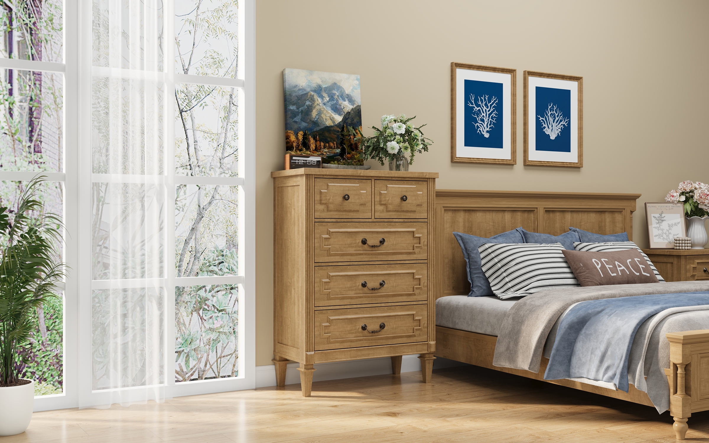 5 Drawers Dresser Chests for Bedroom, Wood Chset of Drawers, Dressers Organizer for Bedroom, Living Room, Hallway, Natural