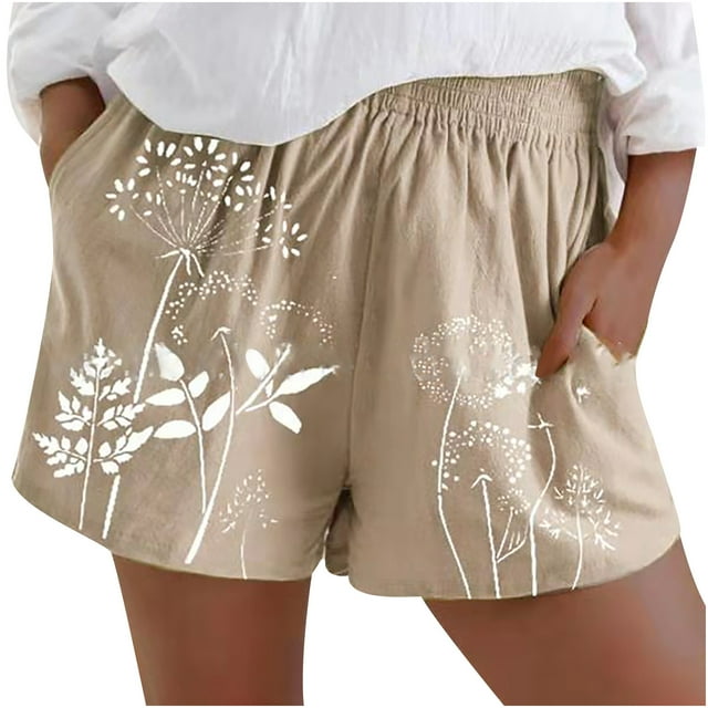 CEHVOM Womens Drawstring Cotton And Linen Elastic Waist Pocket Solid Shorts Pants