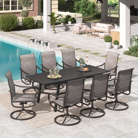 SUMMIT LIVING 9-Piece Outdoor Patio Dining Set with 84" Large Outdoor Extendable Table and Swivel Textilene Chairs for 6-8 People, Black & Brown-gray