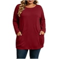 thumbnail image 3 of Plus Size Tops Nelozsy Fashion Women's Casual Solid Color Loose Long Sleeve Round-neck Oversize Shirt Red XXXL, 3 of 9