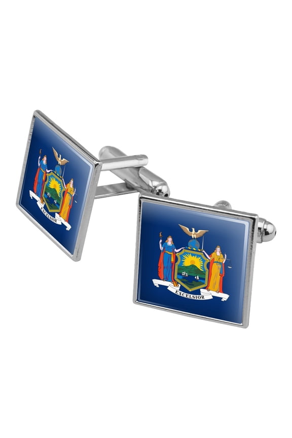 New York State Flag Square Cufflink Set - Silver or Gold