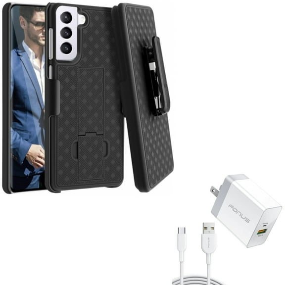 36W PD Home Charger w Case Belt Clip for Samsung Galaxy S21 Plus - Fast Type-C 6ft Long Cable USB-C, Holster Swivel Cover