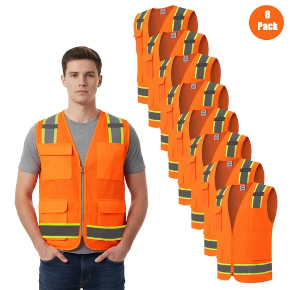 Zfeel Men's Hi-Vis Reflective Safety Multi-Pocket Vest, Safety Neon Orange Zip Front Mesh, 8-Pack, S