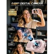 64MP 4K Digital Camera for Photography with Autofocus, 16X Zoom, Compact Design, Includes 32GB SD Card,Pink