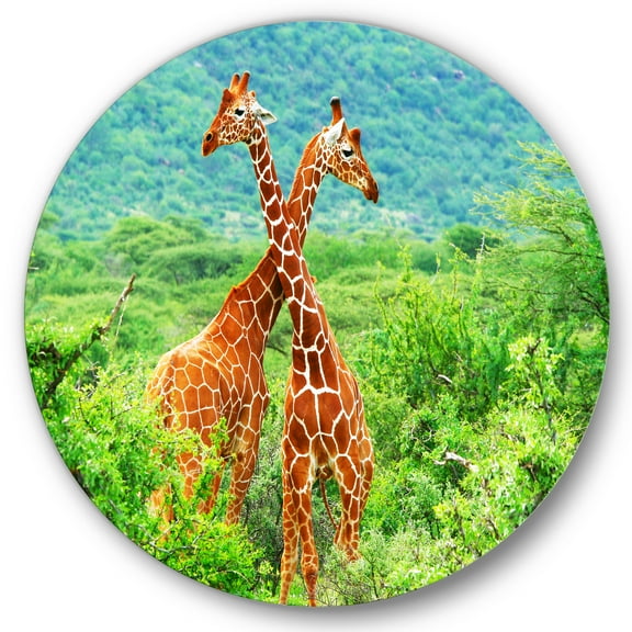 Designart 'Two Giraffes Fighting In Lush Green Wild' Farmhouse Circle Metal Wall Art 36x36 - Disc of 36