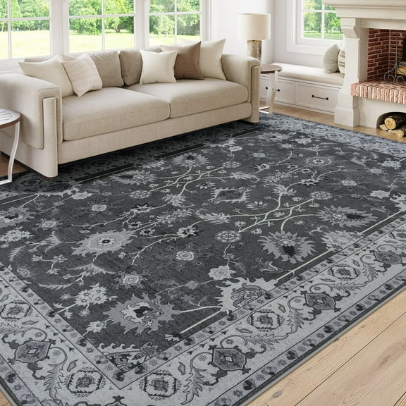 Wondo 8x10 Vintage Bohe Washable Black Area Rug for Living Room, Bedroom, Dining Room, Office, Nursery Anti-slip Easy Care Carpet, Ultra-thin Stain Resistant Indoor Low Pile Carpet