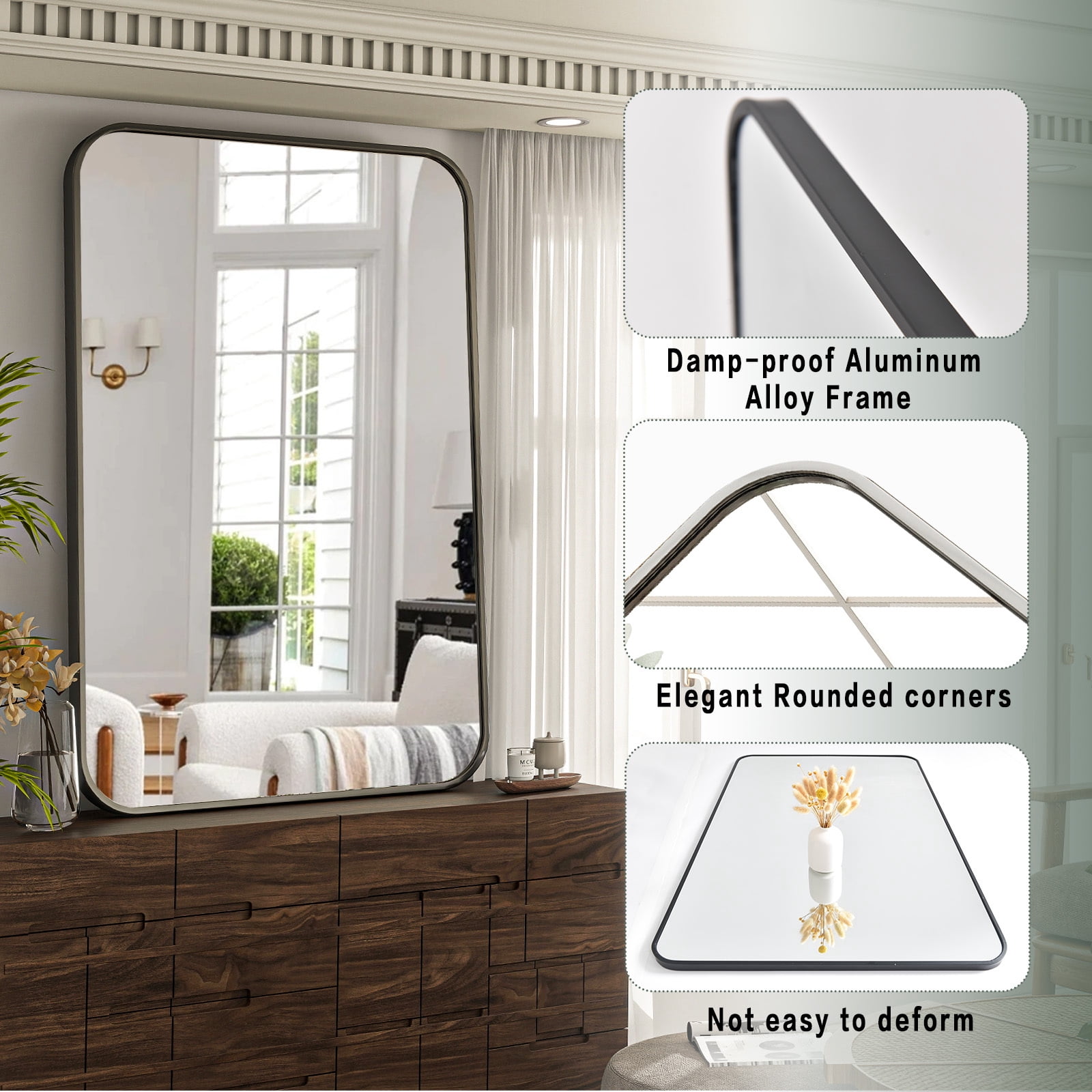 Puremirror 20"x28" Bathroom Mirror Rectangular Wall-Mounted Mirror with Metal Frame, Black