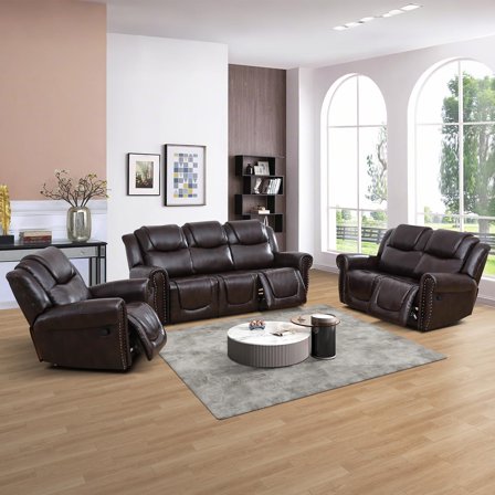 Manual Bonded Leather Recliner Sofa Set for Living Room,Luxurious Chesterfield Reclining Couch Set,Vintage Brown Leather Couch Set for Living Room(Basic Brown,Sofa Loveseat Chair)