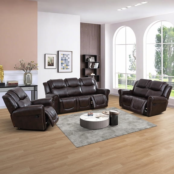 Manual Bonded Leather Recliner Sofa Set for Living Room,Luxurious Chesterfield Reclining Couch Set,Vintage Brown Leather Couch Set for Living Room(Basic Brown,Sofa Loveseat Chair)
