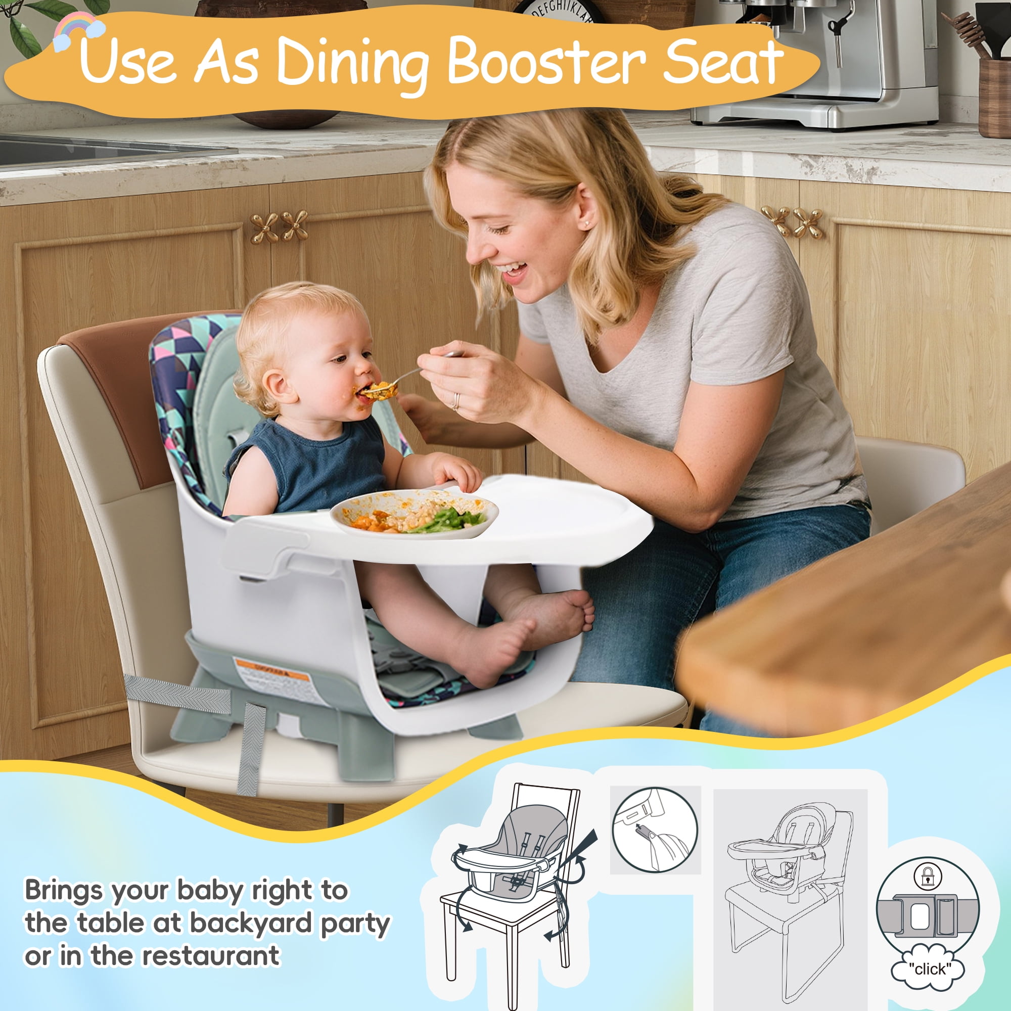 Reasea 15-in-1 Portable Baby High Chair, Convertible High Chair for Babies and Toddlers, Light Green