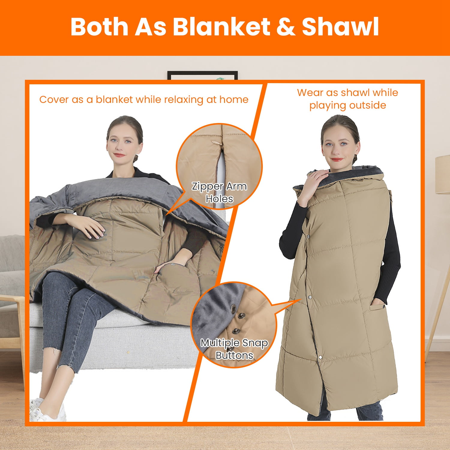 Portable USB Heated Blanket, 53"x 43" Dual Switch Cordless Heated Poncho Shawl Throw Blanket with 6 Zones 3 Heating Levels for Indoor Outdoor (M, Grey)