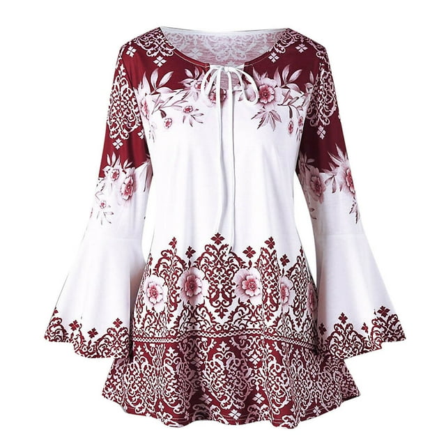 Leutsin Womens Plus Size Printed Flare Sleeve Plus Size Plus Size Tops Blouses Keyhole T-Shirts