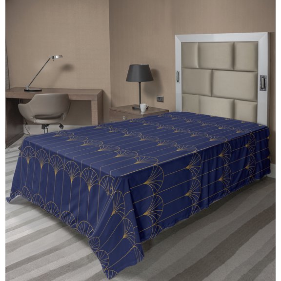 Ambesonne Art Deco Flat Bedding Sheet Soft Top Sheet, Navy Simple Vintage Motif, Twin XL, Navy Blue and Sand Brown