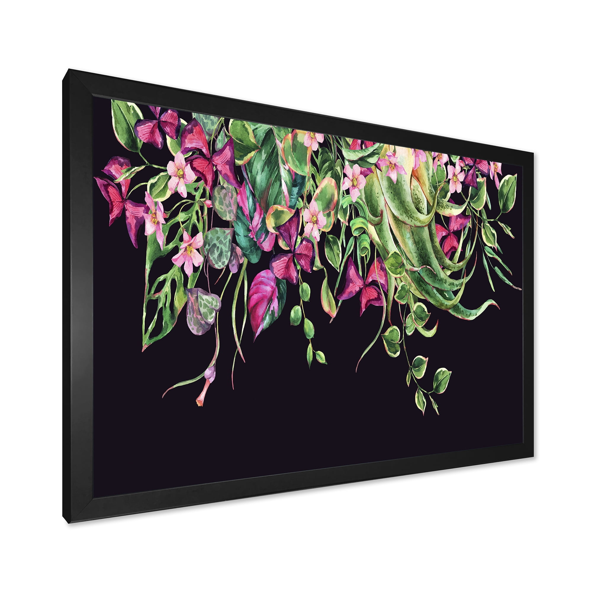 Designart 'Floral Tropical Leaves On Black Background' Farmhouse Framed Art Print