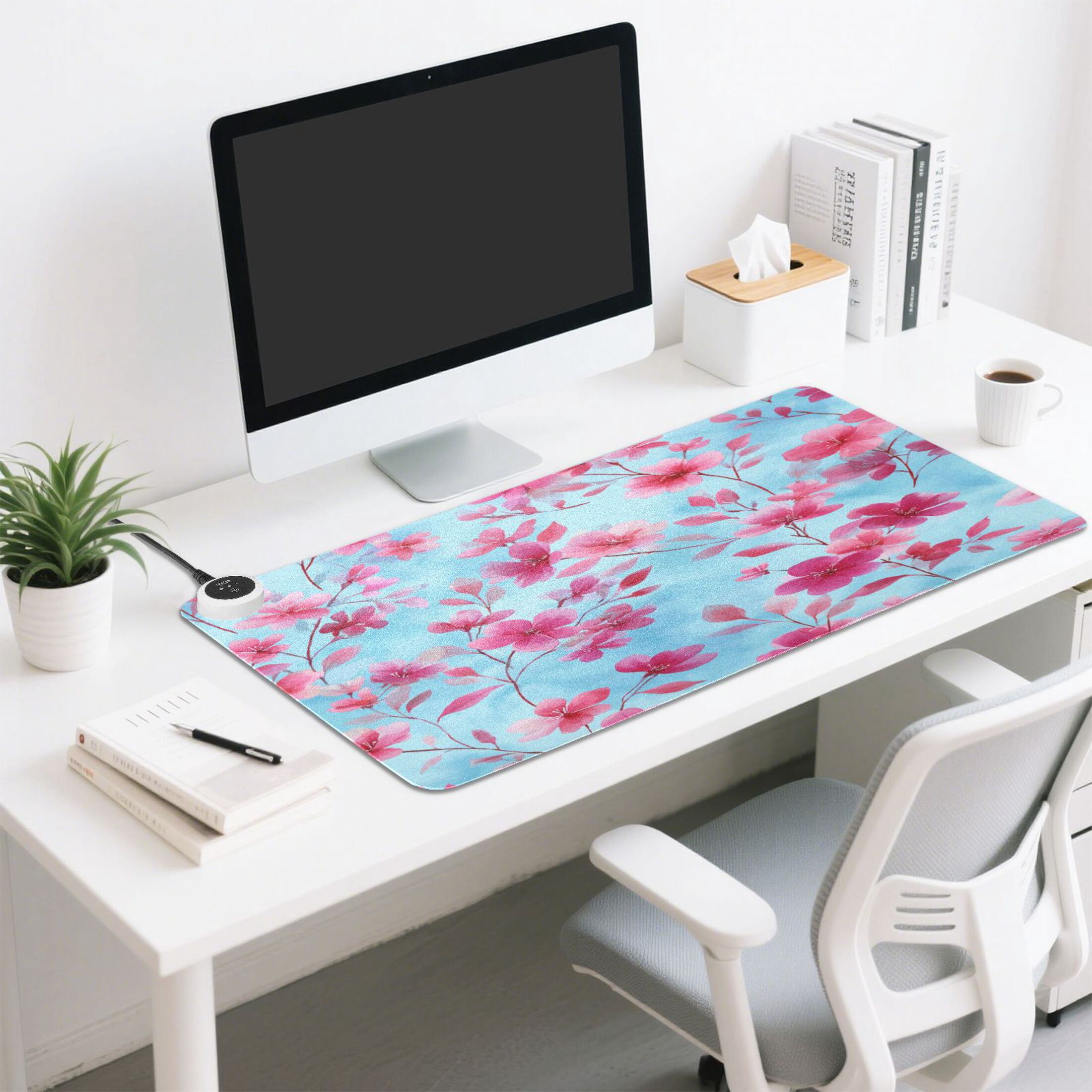 Large Heated Desk Mat Mouse Pad 31.5"x13"PU Leather Graphene Heating Desk Warmer with 3 Temperature Settings 110V US Plug Non-Slip Warm Pad for Home, Office, and Gaming Cute Pink Delicate Flowers