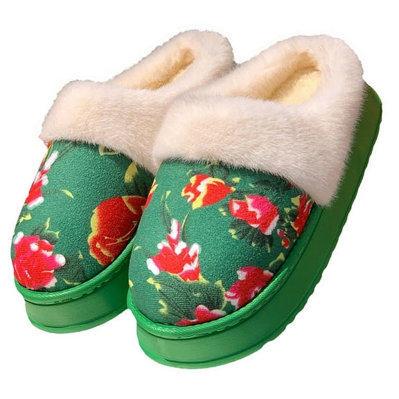 Green Ladies Fashionable Casual Winter Soft Thick Bottom Big Flower Indoor Home Shoes With Warm Couple Mop And Cozy Lining