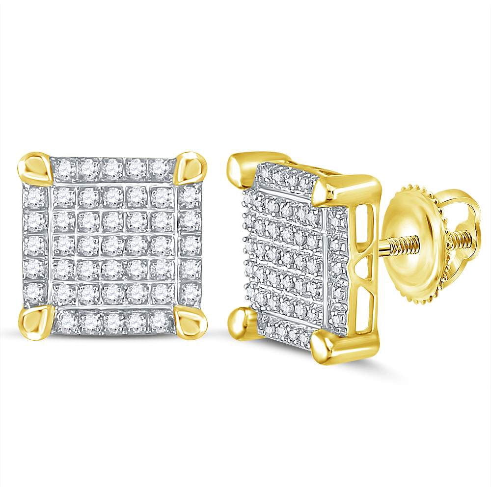 GnD 10kt Yellow Gold Mens Round Diamond Square Cluster Stud Earrings