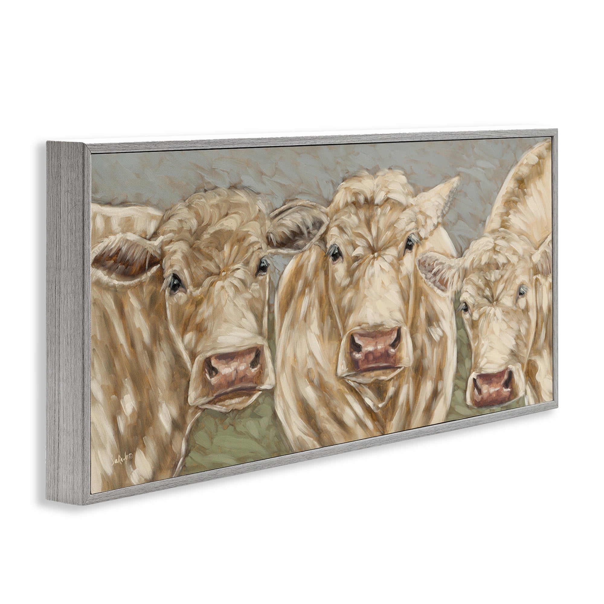 Stupell Industries Beige Cow Trio Animals & Insects Painting Gray Framed Art Print Wall Art, 30 x 13