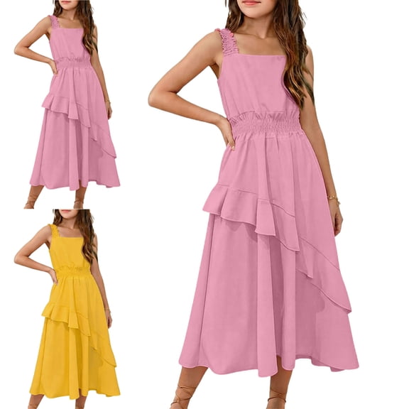 Afuyipoi Summer Versatile Dress for Girls(For 3-13), Spaghetti Strap Breathable Lightweight Chiffon Waist-Cinching Ankle-Length Dress For Girls Pink 5-6Years