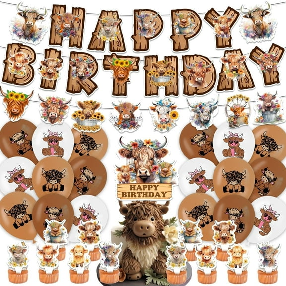Highland Cow Birthday Decorations - Birthday Party Decorations for Boys Girls Supplies with Highland Cows Balloons, Happy Birthday Banner, Cake Topper, Cupcake Toppers