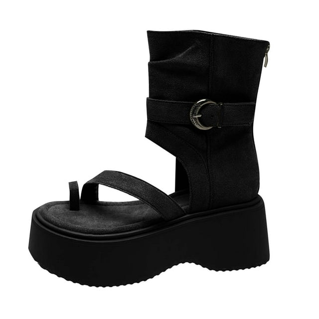 Open-Toed High-Top Sandals for Women, Thick Sole, Suede Upper, Toe Clip Design, Streetwear Style, Spring Summer Wear