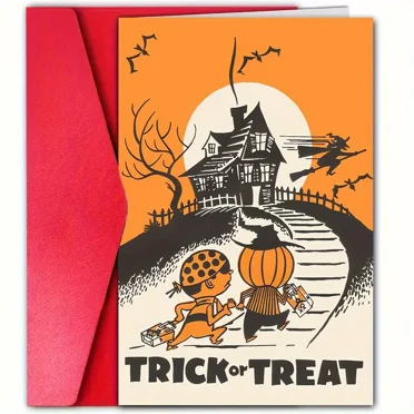 Halloween Greeting Card - Vintage Trick or Treat Design with Enclosed Envelope - Perfect for Kids, Friends and Family During Fall Celebrations