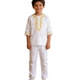 thumbnail image 3 of Kids' Gold Thread Embroidery 2-Piece Suit Set, 2026 New Half Button Round Neck Long Sleeve Top and Matching Straight Leg Pants, Formal Occasion Outfit for Boys and Girls - White, 3 of 7