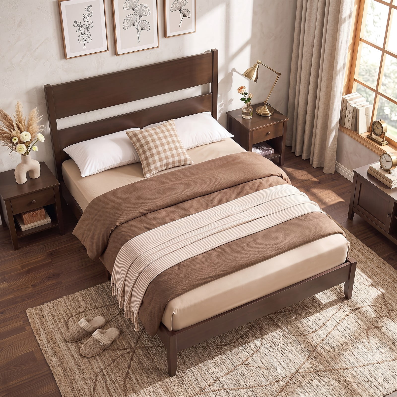 Furnibear Full Size Bed Frame with Panel Headboard, Wood Platform Bed Frame with 12 Slats and Solid Wood Legs for Bedroom, Dark Walnut