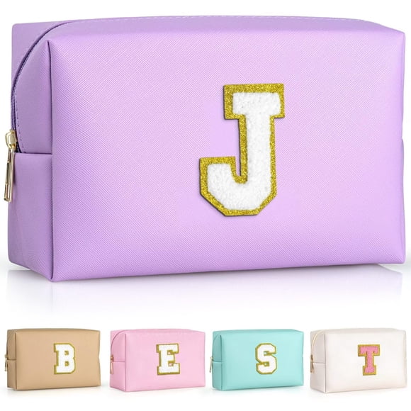 TOPEAST Regalos de cumpleaños para niñas, Neceser de viaje de chenilla con diseño de letras, Organizador de maquillaje, Regalos de dama de honor con monograma, Cosas lindas para niñas (J morada)