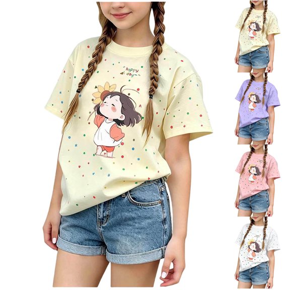Asxite Toddler Girls Tshirt Print Short Sleeve Crew Neck Casual Breathable Summer Tops 1-12Y