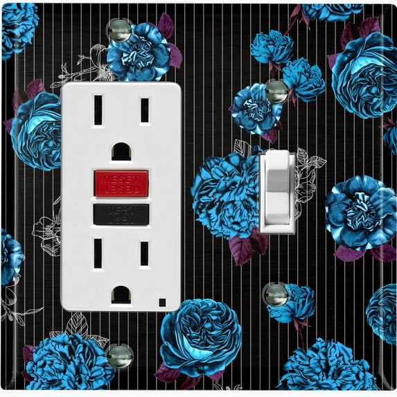 Metal Light Switch Plate Outlet Cover Dark Blue Roses Black Pinstripe Wallpaper ROS043