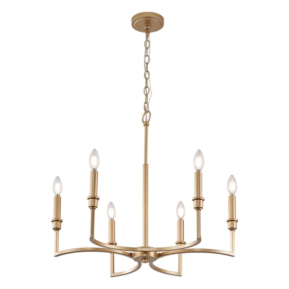 Gold Chandelier Light Fixture 6-Light Candle Dining Room Chandelier Lighting Over Table Vintage Brass Metal Chandeliers for Bedroom Kitchen Island Foyer Entryway, 26in