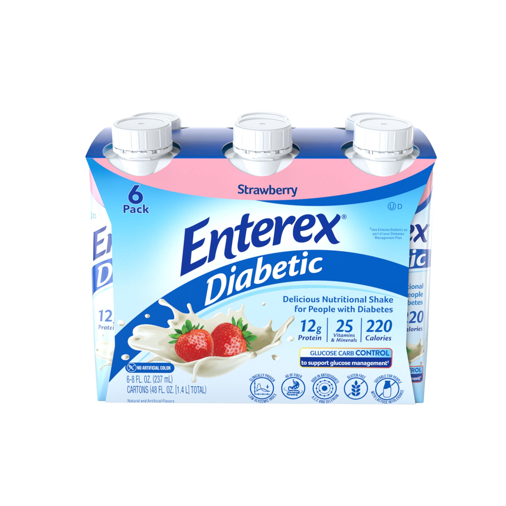 Enterex Diabetic Nutritional Meal Replacement Shake,for People with Diabetes,Strawberry , 8 Fl oz Carton, 6 Pack