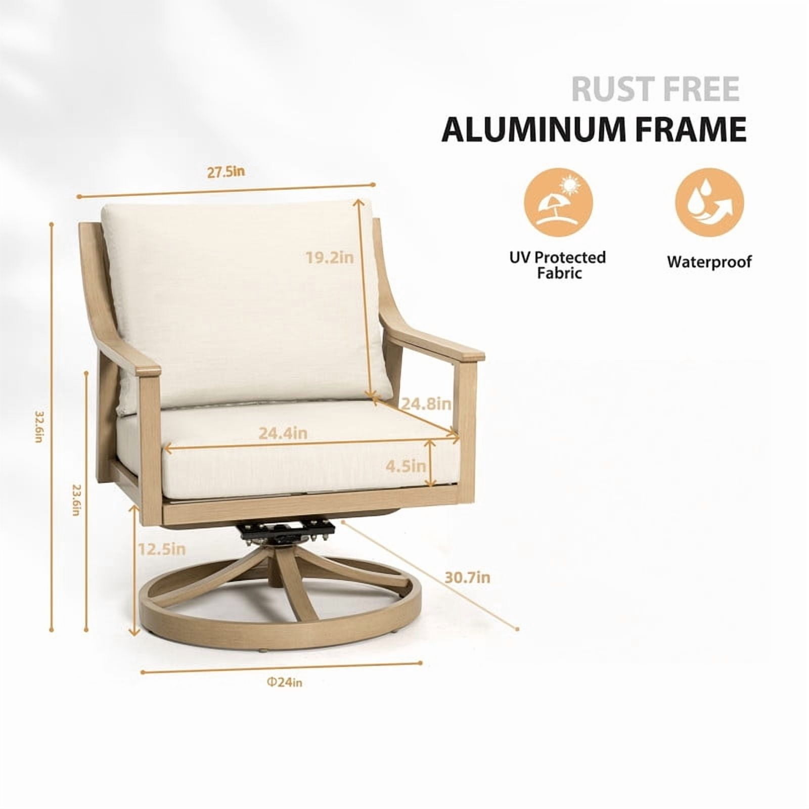 1-Piece All-Weather Swivel Armchair, Aluminum Frame Outdoor Dining Chair with Back & Seat Cushions