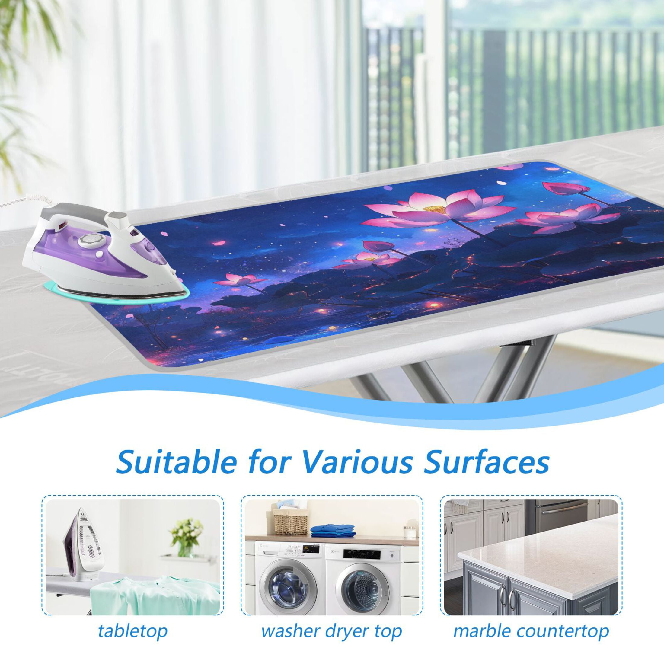 Lotus Flowers in Moonlight Ironing Mat Blanket for Table Top Travel Portable Ironing Board Pad 47.2x27.6 Inch