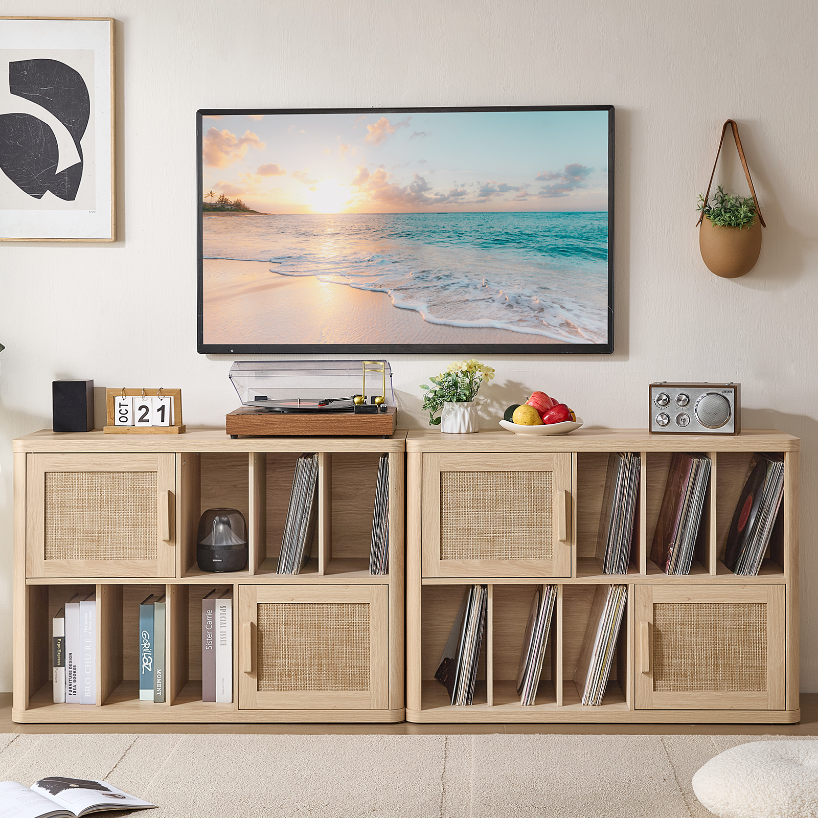 Large Record Player Stand, Rattan Turntable Stand Table Holds up to 450 Albums, Vinyl Record Storage Cabinet with Wood Legs for Living Room Bedroom Office, Natural Oak