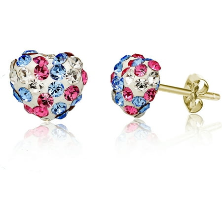 Pori Jewelers 14K Solid Gold Pave Multicolor Rose, Clear Aqua Crystal Puff Heart Earrings Made Wswarovski Elements