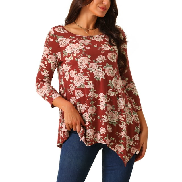 Tops de túnica floral con cuello redondo y mangas 3/4 de INSPIRE CHIC en rojo vino XL