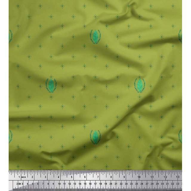 Soimoi Green Rayon Crepe Fabric Leaves & Asterisk Symbol Decor Fabric Printed Yard 46 Inch Wide