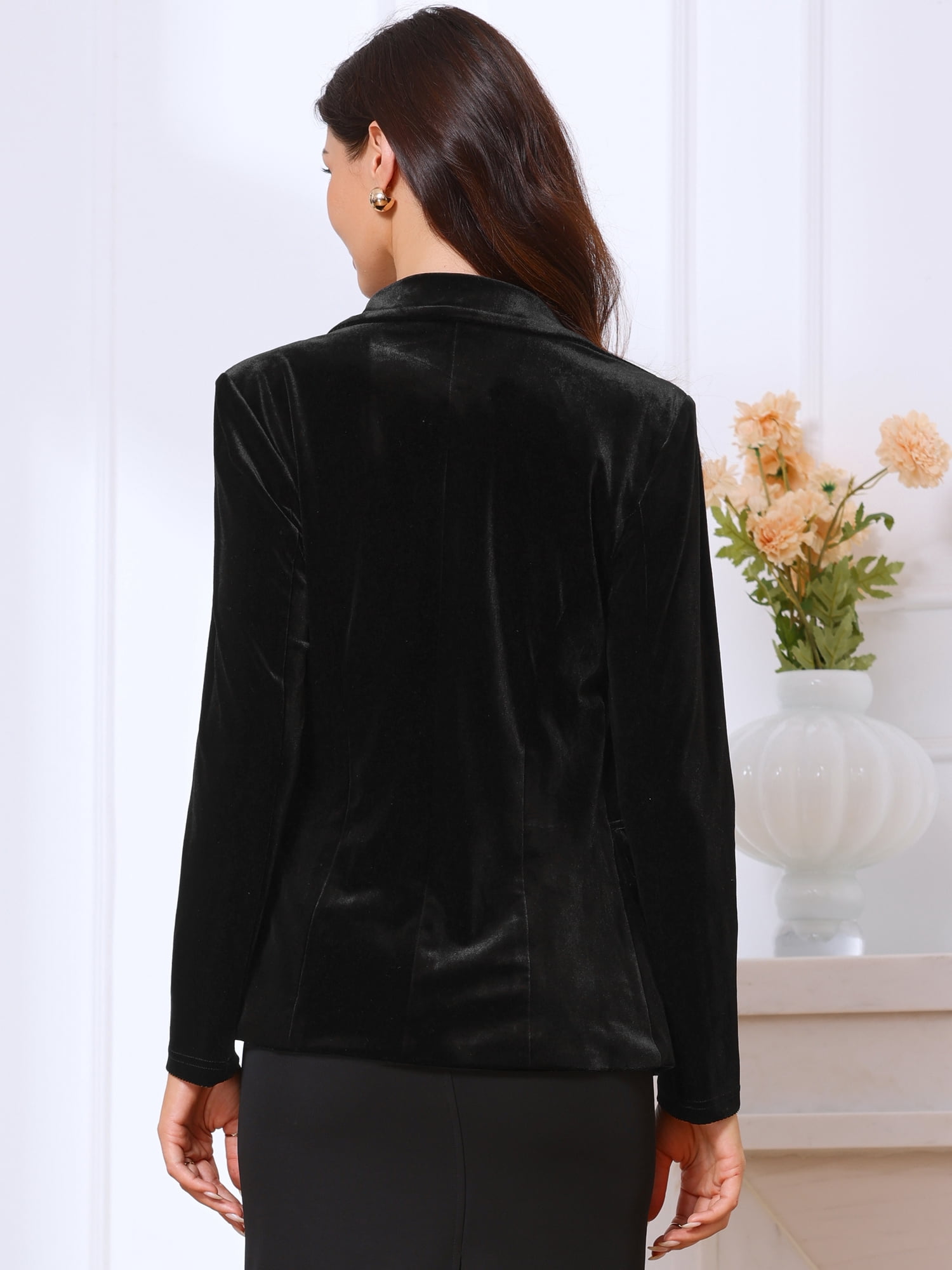 DARING DIVA Women's Notched Lapel Long Sleeve One Button Velvet Blazer M Black