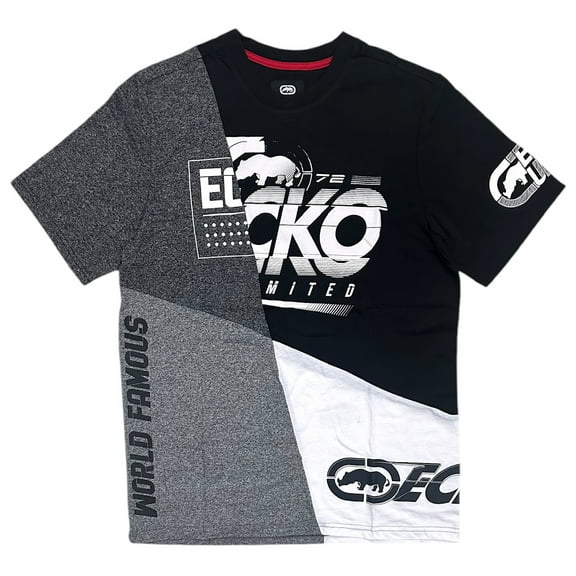 Ecko Unltd Men's T-Shirt Puff Print Colorblock Black/Heather Grey/White Tee (Medium, Black)