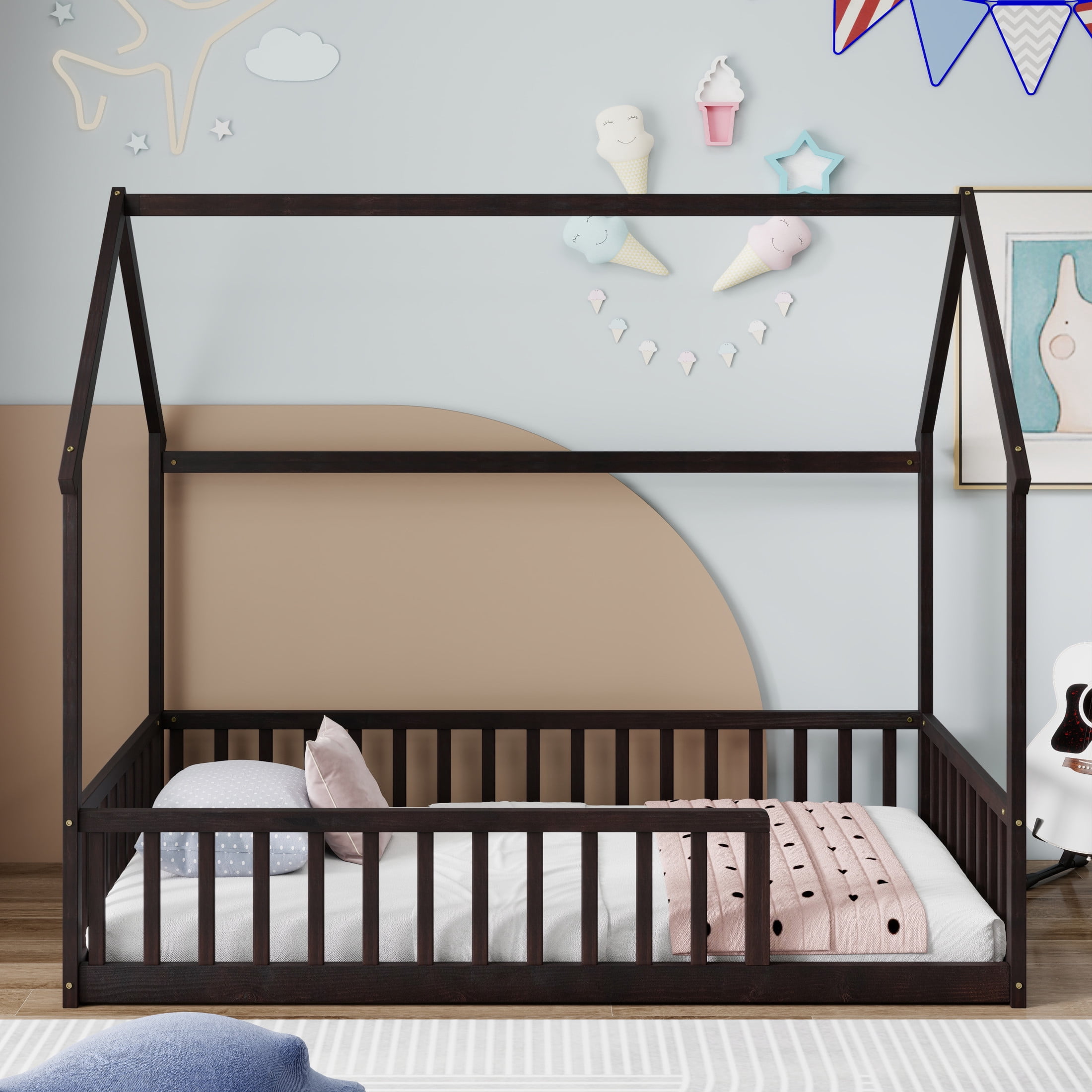 Noble House Morde Twin Size House Floor Bed with Gable Roof Frame & Safety Guardrails, Pine Wooden Bed Frame, Espresso