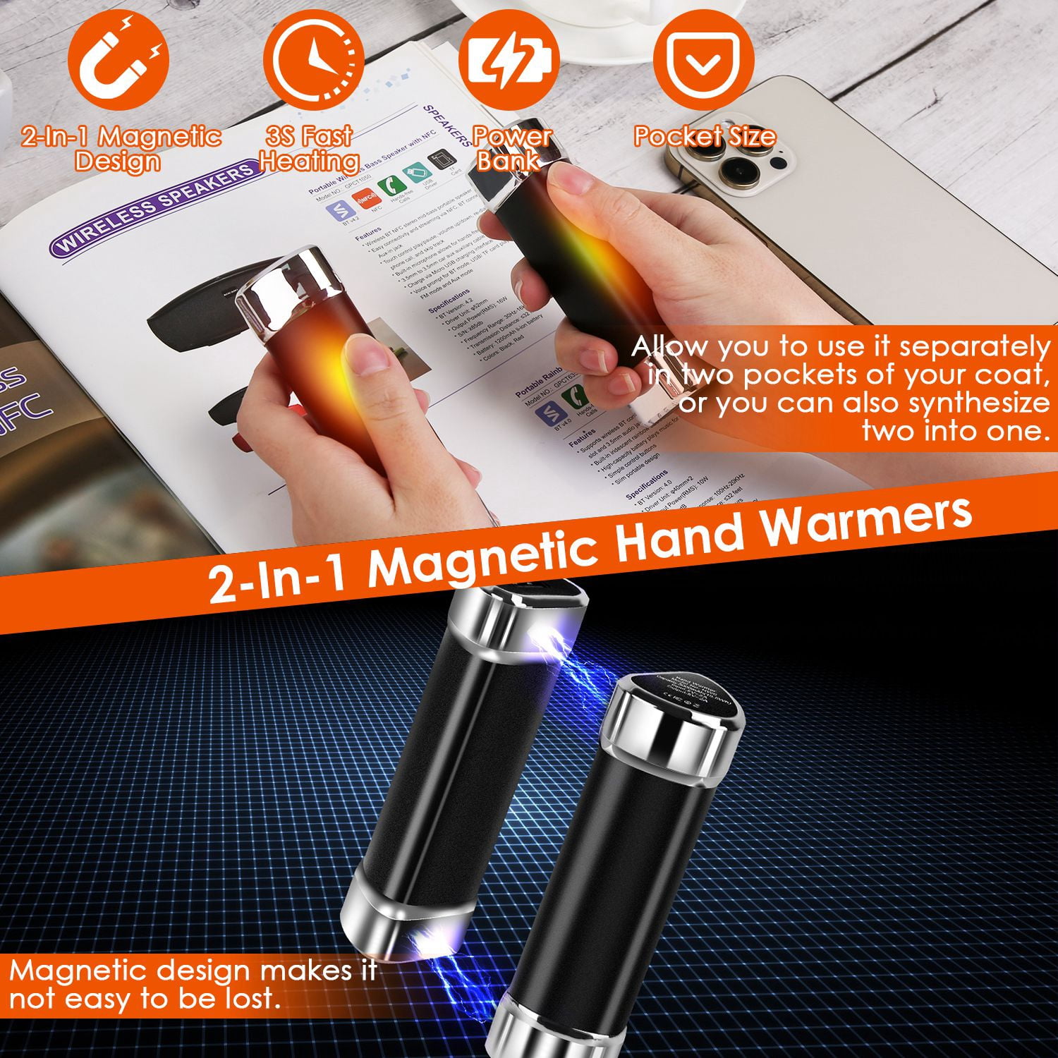 2 in 1 Portable Hand Warmers Rechargeable Power Bank  2 Pack 10000mAh Split-Magnetic Handwarmers with 3 Heating Levels for Outdoor Camping Fishing Skiing Black