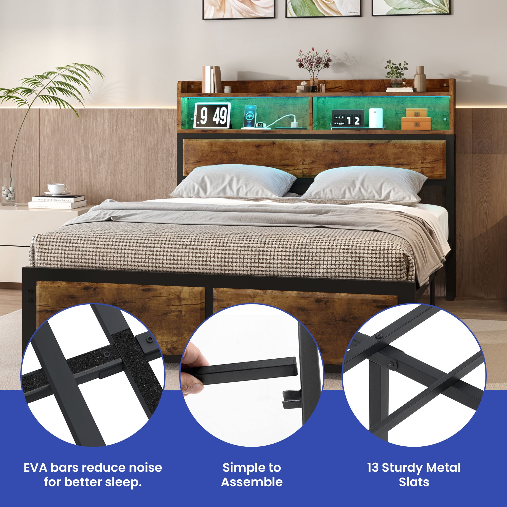 Uforic Full Size Bed Frame, LED Bed Frame with Storage Headboard, Platform Bed with Outlet & USB Ports, Easy Assembly, Rustic Brown