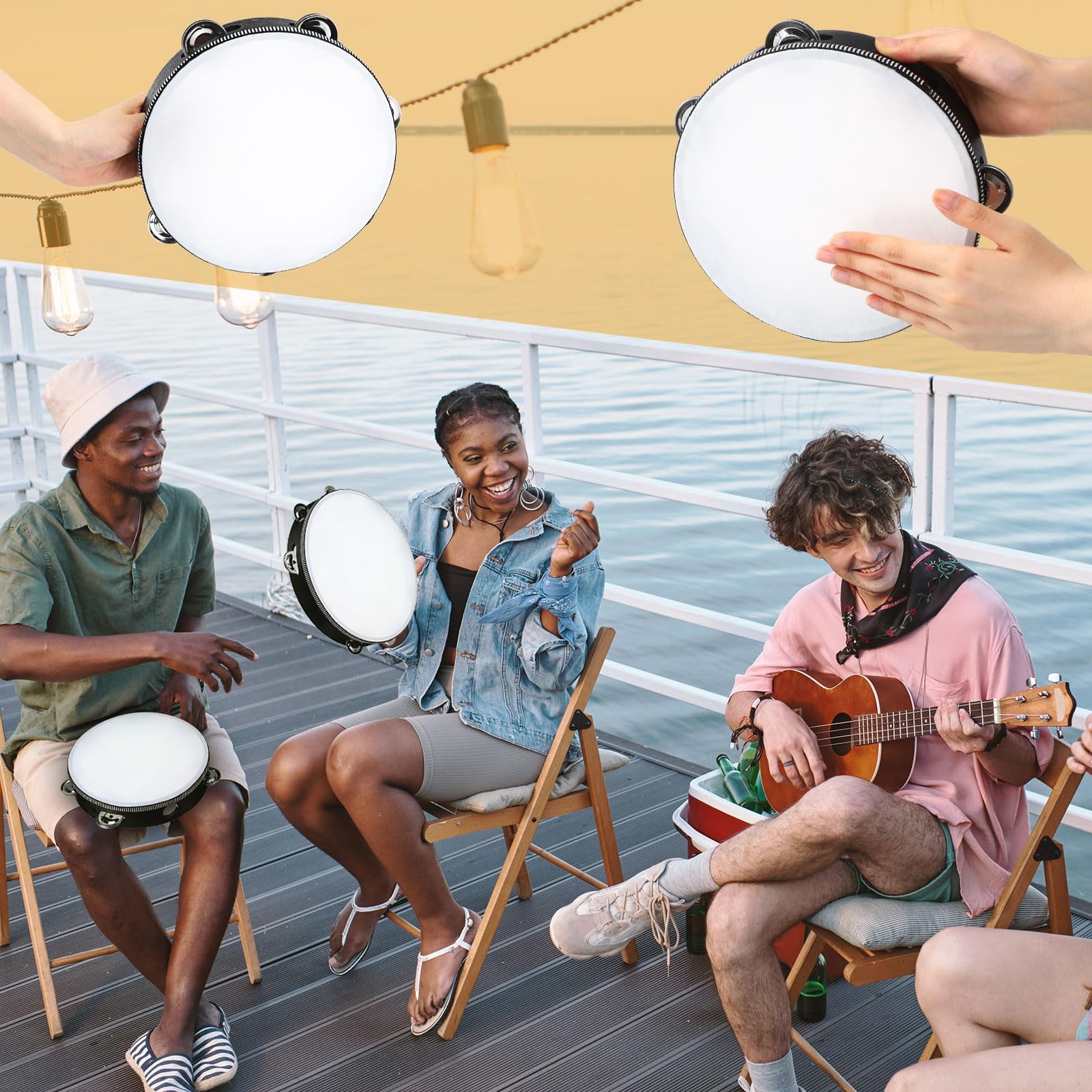 8 Pcs Tambourine For Adults Handheld Wood 4 Size Single Row Metal Jingles Musical Educational Gift Rhythm Percussion Instrument Church Party Ktv(black)