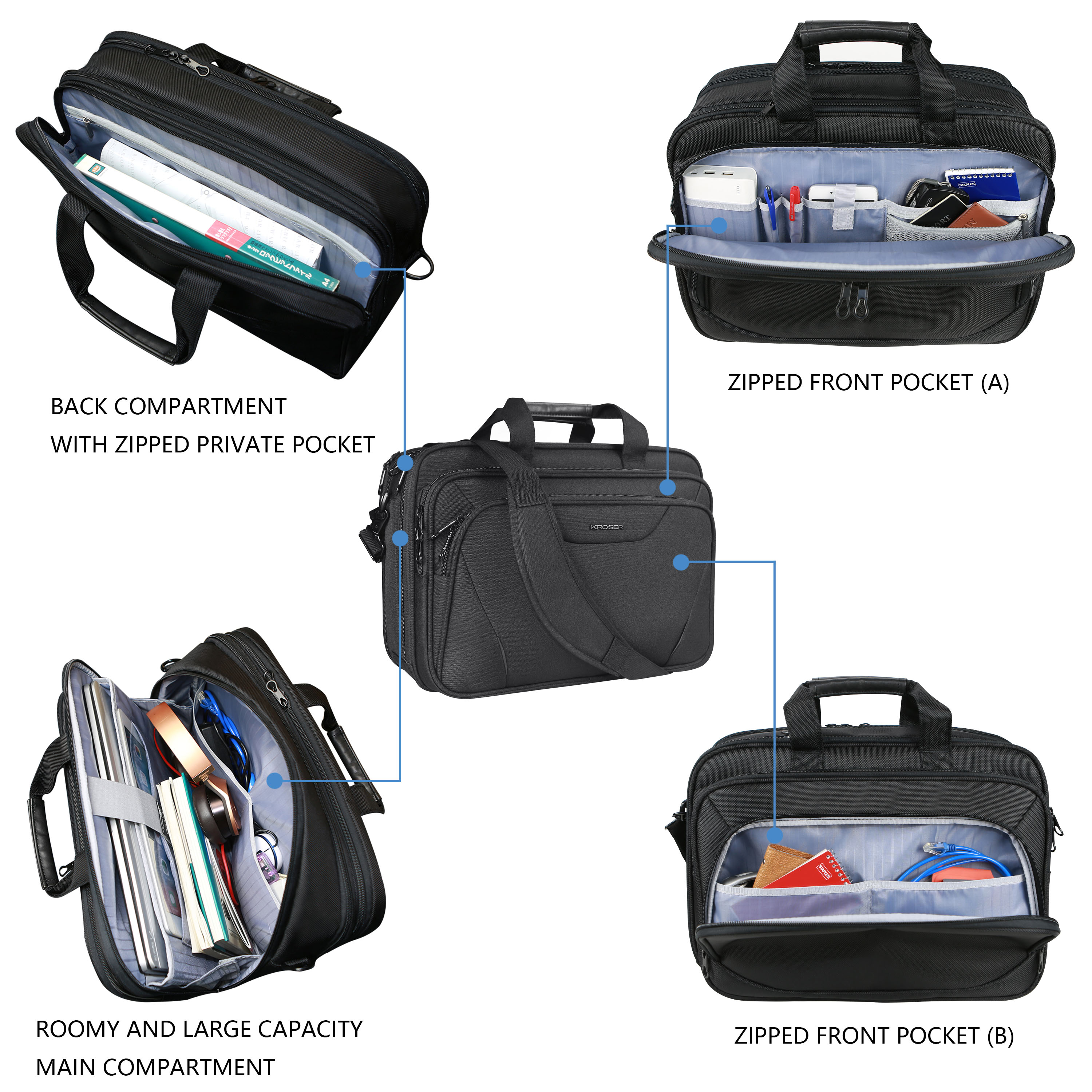 KROSER 18"Laptop Bag Laptop Briefcase Fits Up to 17.3" Laptop Expandable Shoulder Bag Computer Bag, Black - image 4 of 7