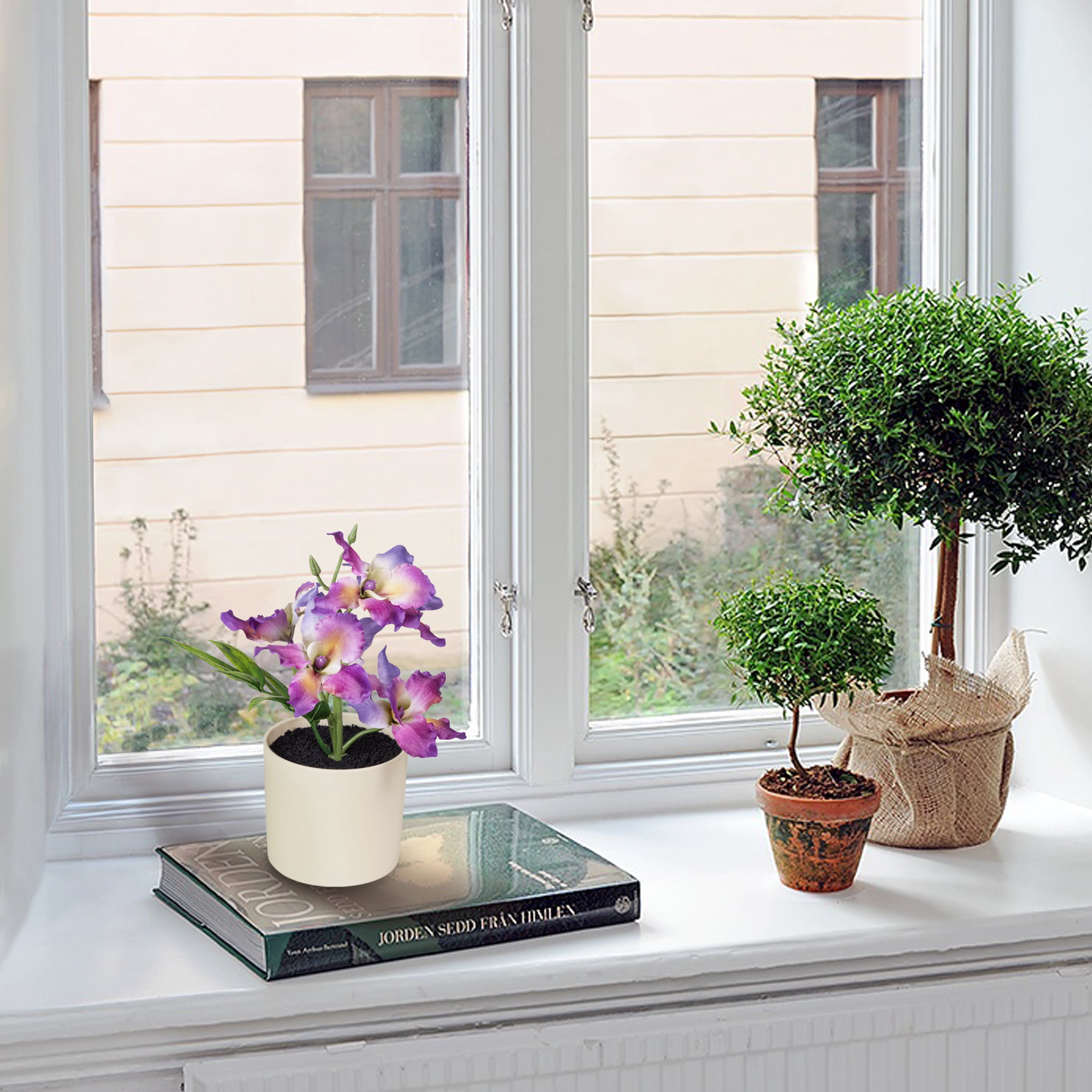 Mainstays 9.5" Artificial Purple Orchid in Cream Pot, for Indoor Use